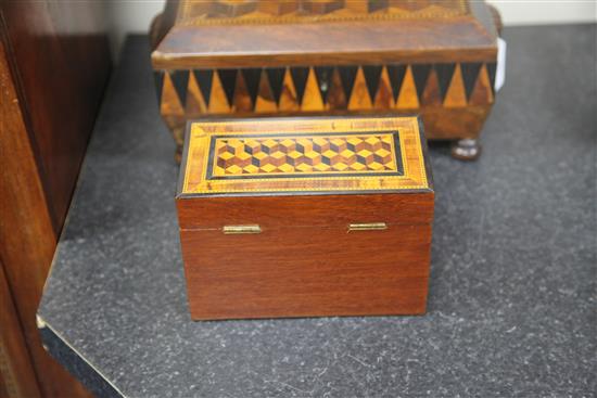 An early 19th century Tunbridge ware Vandyke marquetry sewing box and similar tea caddy, 13in.